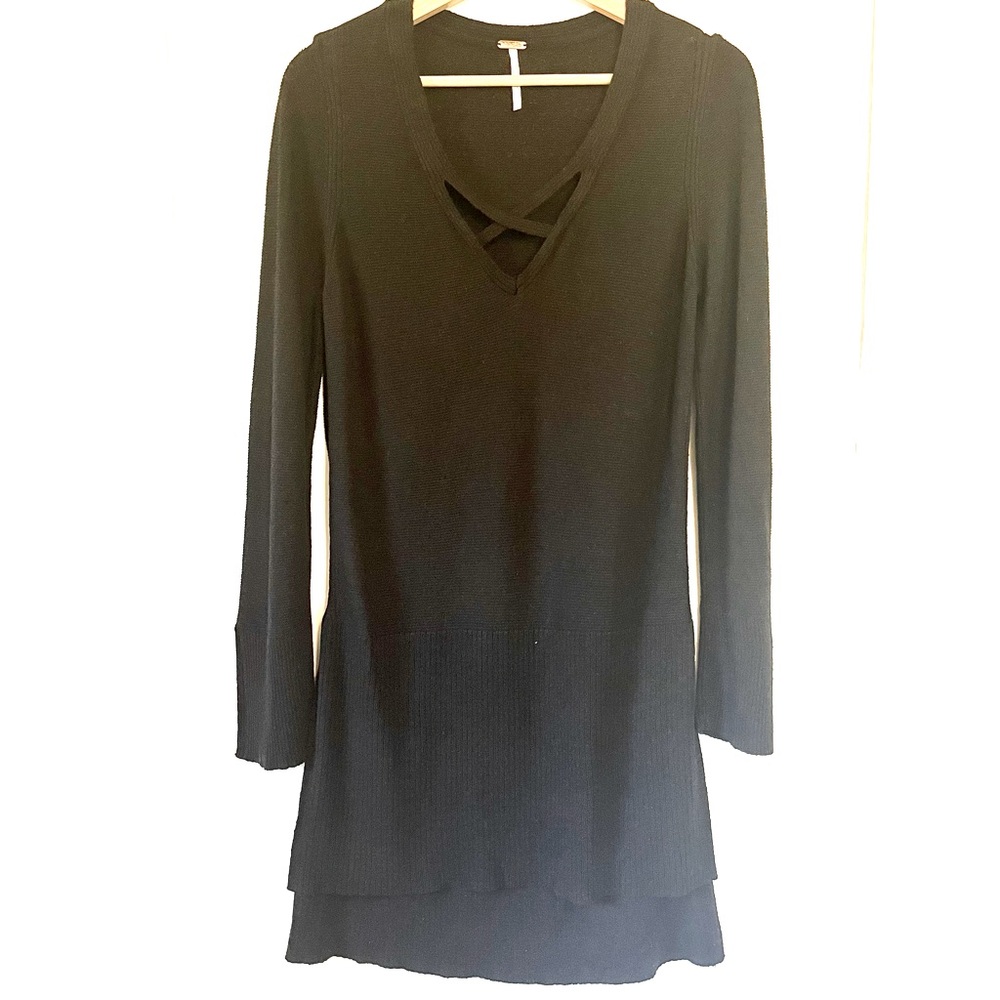 Free People Black Sweater Dress Crisscross - V-Neck Boho Mini - Picture 2 of 10